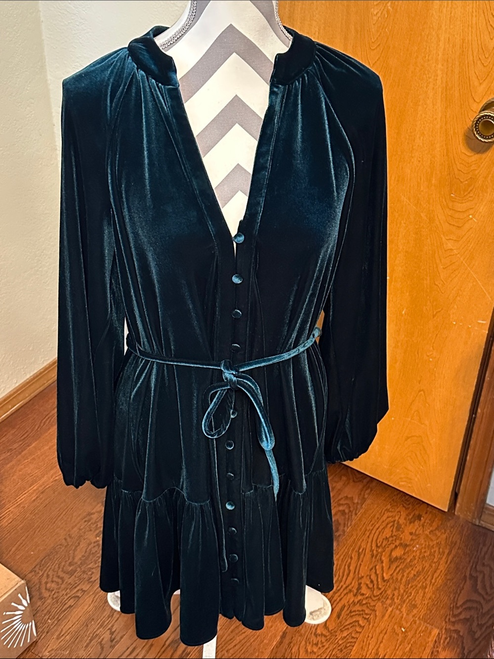 Velvet Button-Front Long Sleeve Dress in Dark Green
